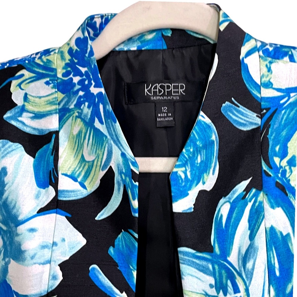 Kasper Floral Open Front Blazer Jacket Womens 12 Blue Green Watercolor Career⁠